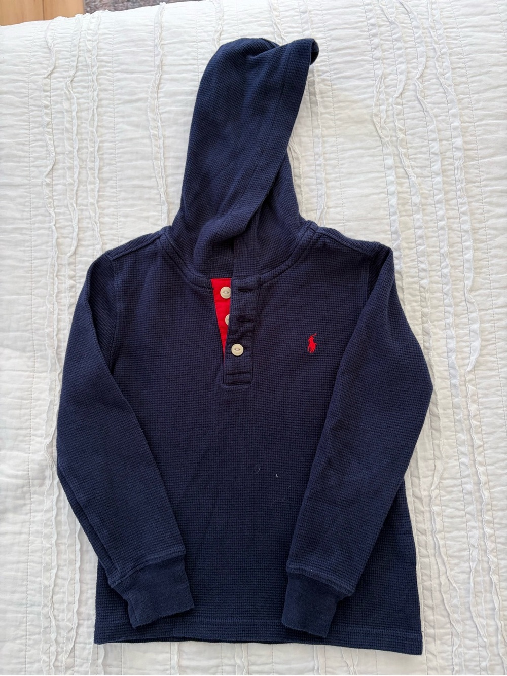 Polo by Ralph Lauren Navy Hooded Waffle-Knit Top with Red Logo